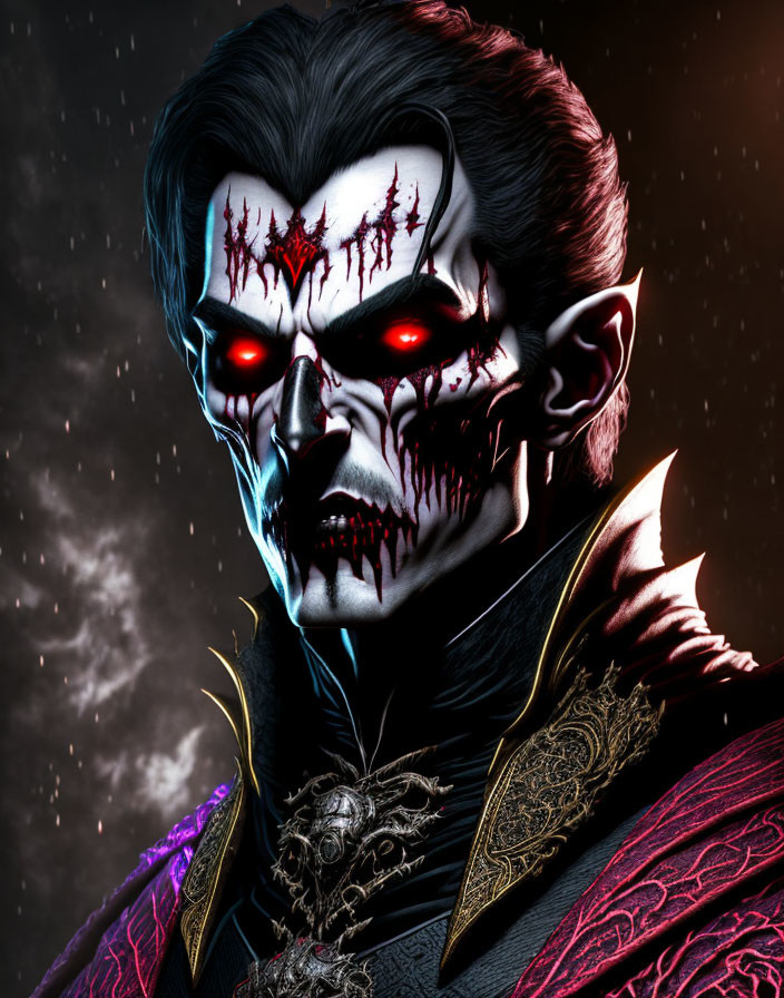 Menacing vampire with red eyes in regal cape against cosmic backdrop
