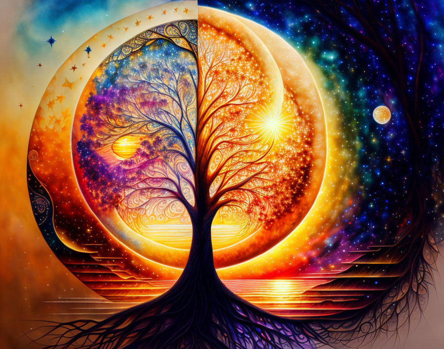 Colorful Tree Artwork with Cosmic Day and Night Backgrounds