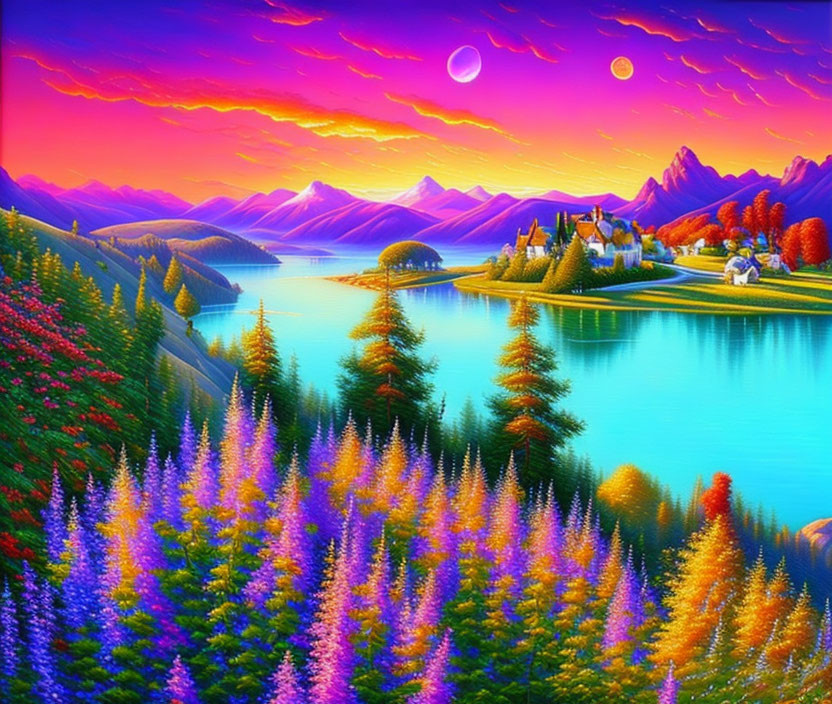 Colorful Landscape Illustration: Purple Skies, Dual Moons, Lake, Village