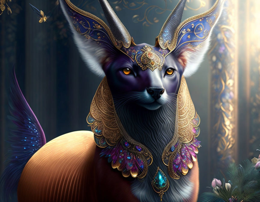 Regal fantastical feline creature with golden headgear in mystical setting