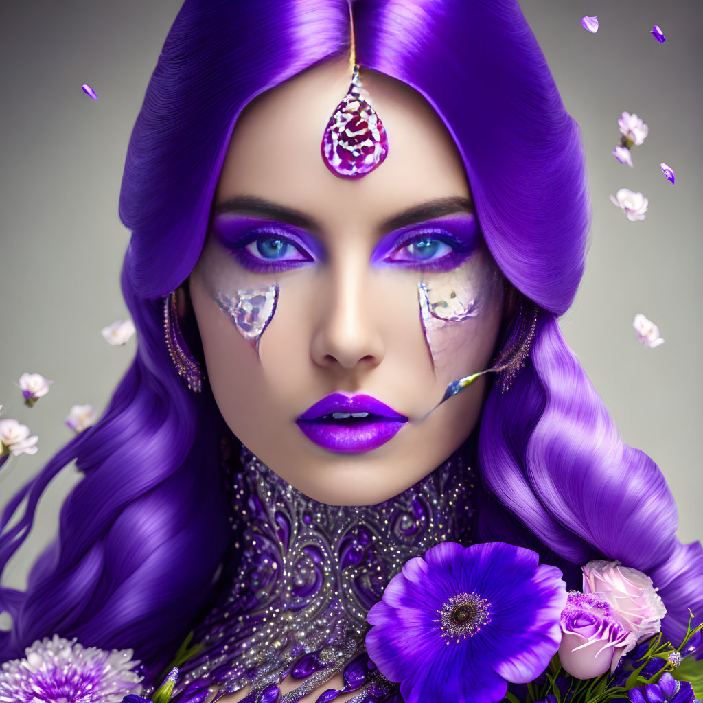 Portrait of Woman with Purple Hair, Blue Eyes, and Floral Makeup