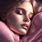 Woman with ornate makeup among purple roses in peaceful sleep