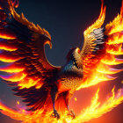 Colorful Phoenix Artwork Flying Amid Flames on Dark Background