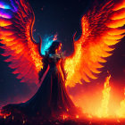 Fiery phoenix wings on majestic figure in flames against dark background