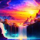 Fantasy Landscape Digital Artwork with Waterfalls and Colorful Sky