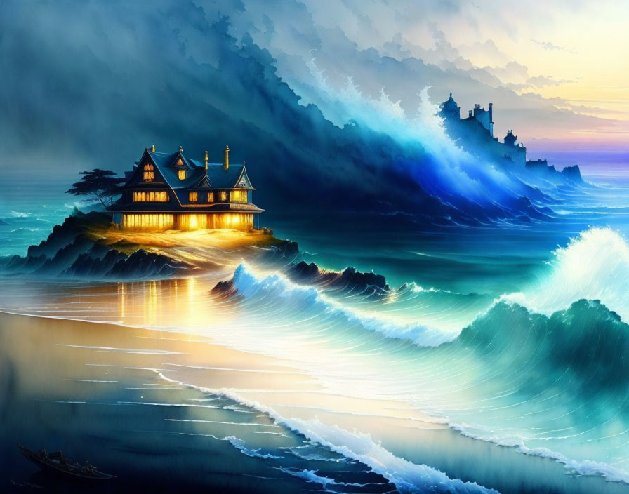 Vibrant digital artwork: House on island, stormy waves, glowing windows