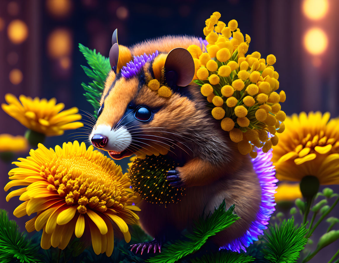 Illustration of rodent with yellow flowers and greenery on back in bokeh-lit setting