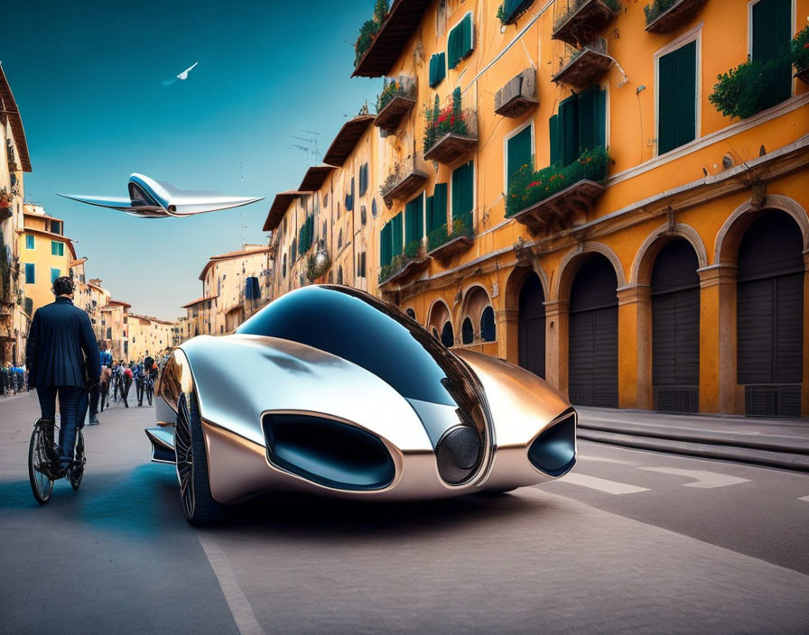 Futuristic silver car on European street with man on bicycle and aircraft above