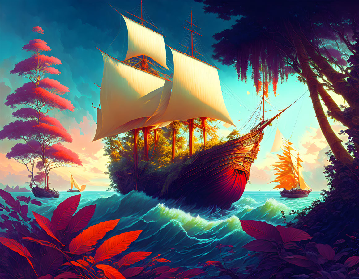Colorful surreal artwork: sailing ship on wave in tropical forest
