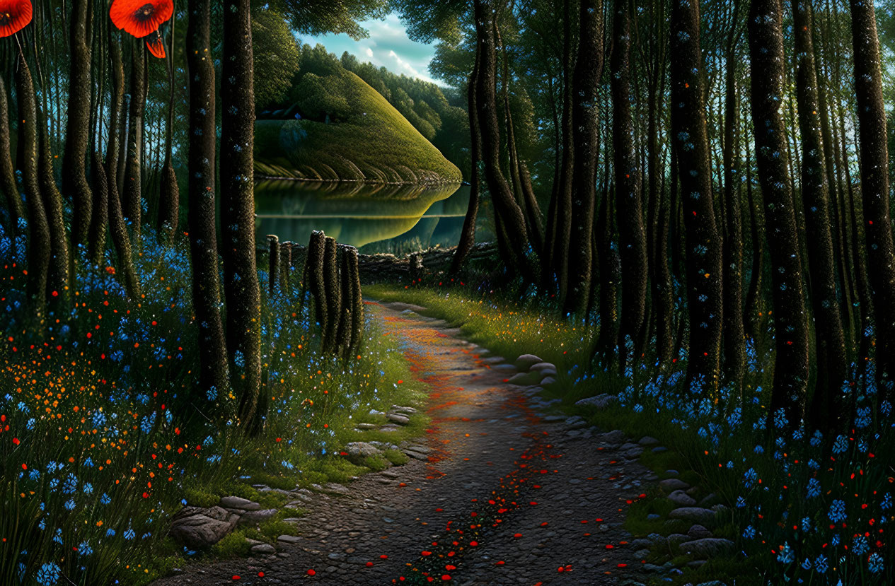 Tranquil forest path with flowers, stones, lake, hills, and twilight sky