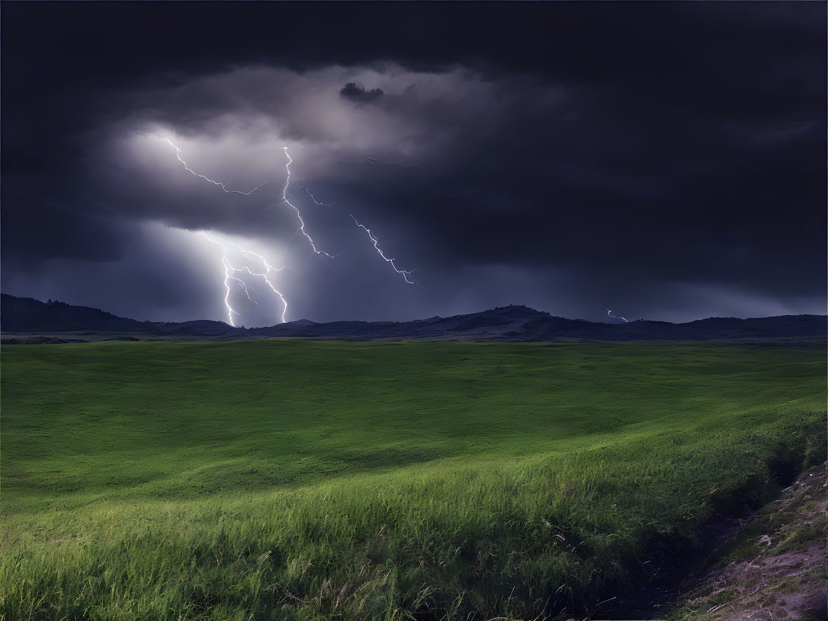 Stormy Sky Lightning Strike on Green Field with Dark Hills
