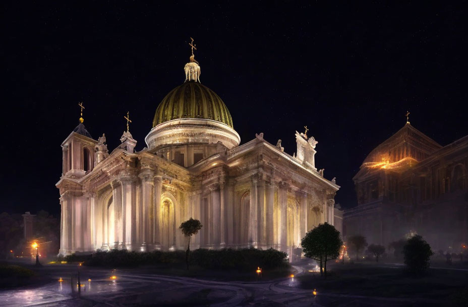 Baroque cathedral with illuminated dome and statues at night