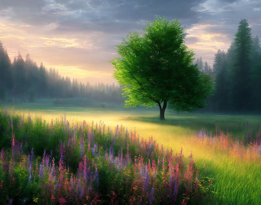 Scenic landscape with lush tree, wildflowers, and misty forest at sunrise
