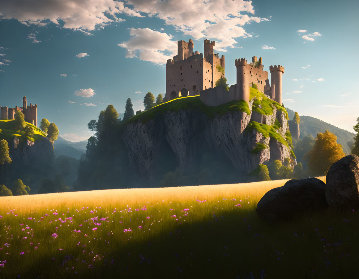 Majestic castle on cliff with purple flowers in sunlight