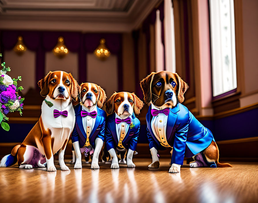 Four Beagle Dogs in Colorful Tuxedos Sitting Indoors