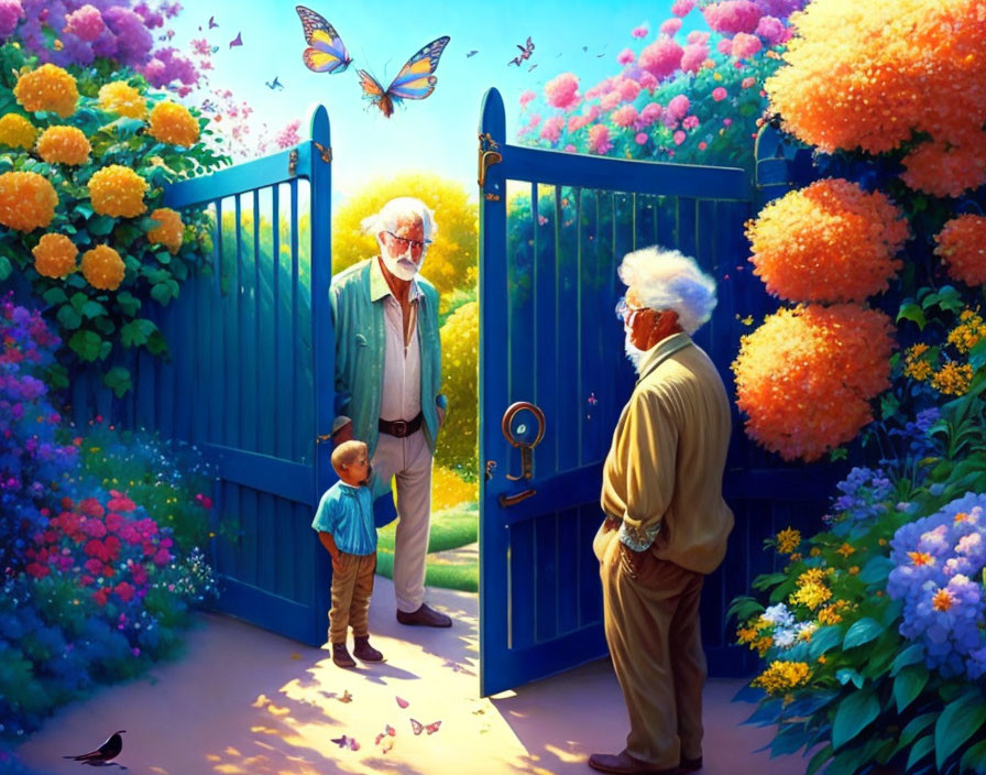 Elderly man with key at garden gate welcomes senior and child amid flowers