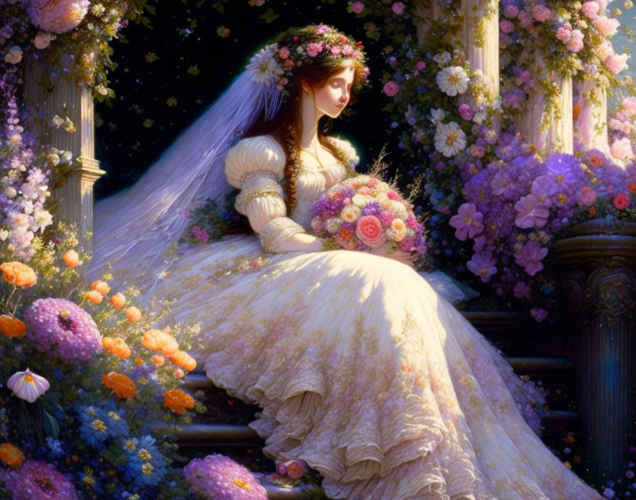 Woman in ornate bridal gown in lush garden setting with bouquet
