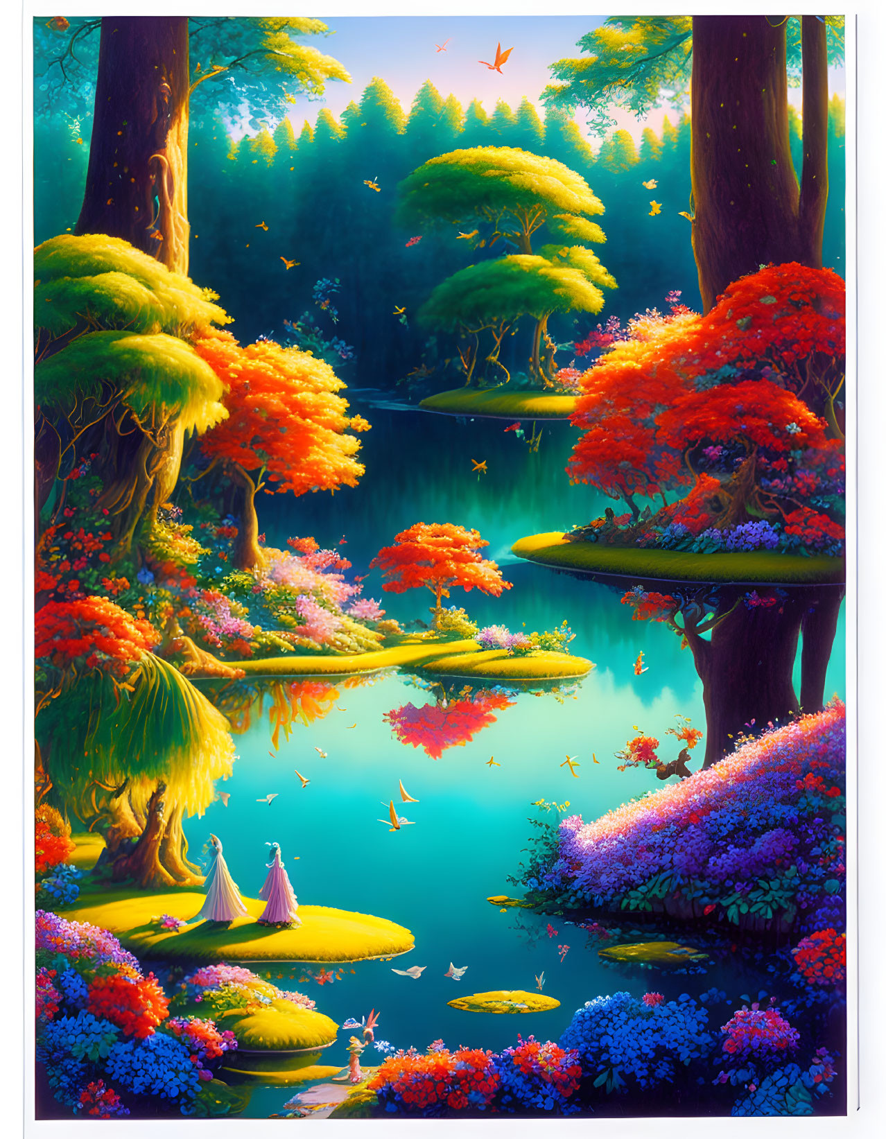 Colorful forest scene with serene lake and floating lily pads