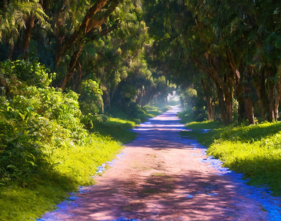 Sunlit Pathway Surrounded by Lush Greenery and Towering Trees