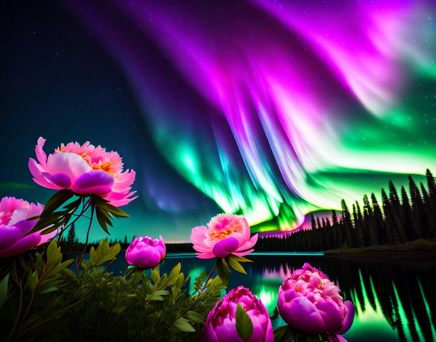 Colorful aurora borealis over serene lake with pink peonies, forest silhouette, and star