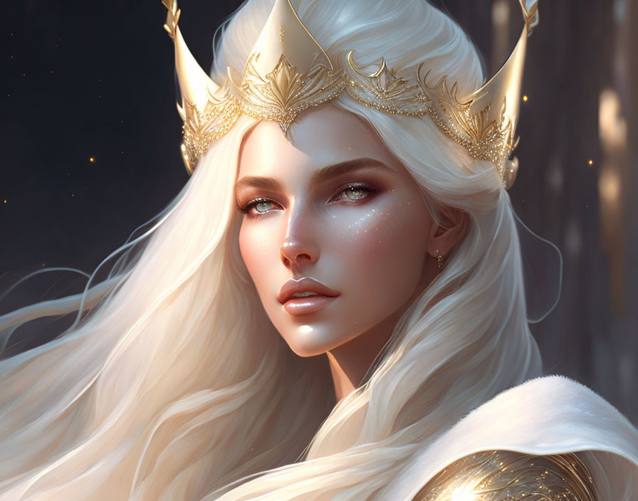 Fantasy elf queen with golden crown and glowing skin against dark background