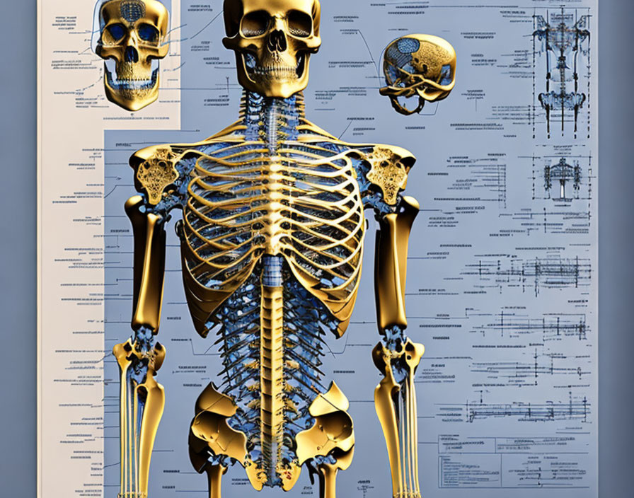 Detailed Human Skeleton Anatomy Chart with Multiple Views and Diagrams