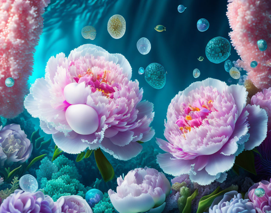 Colorful Underwater Scene with Pink Flowers, Bubbles, and Coral Textures