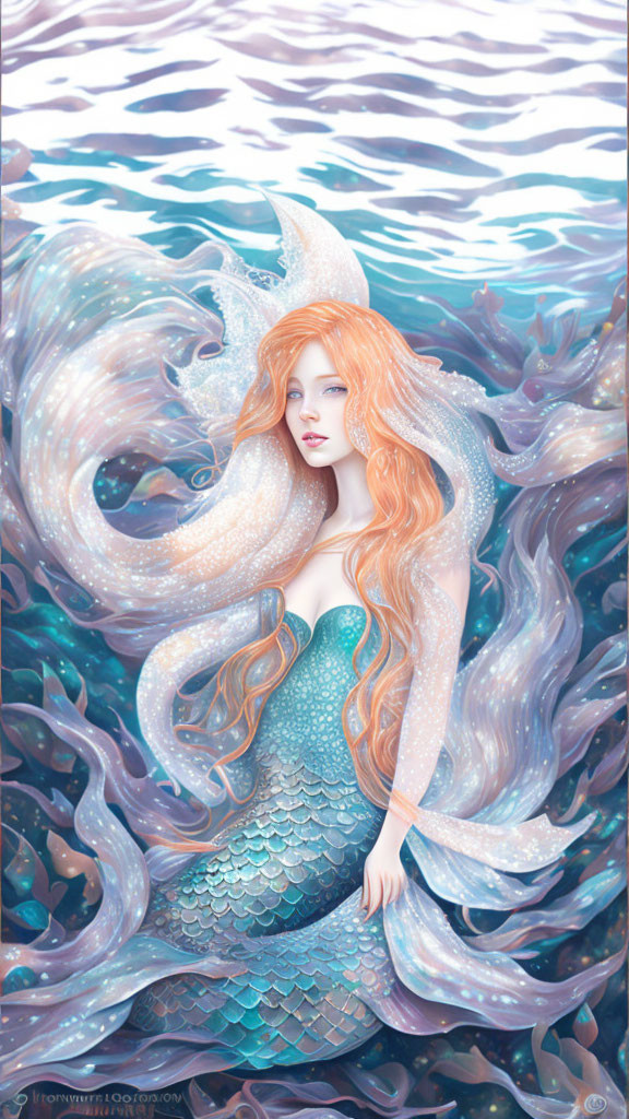 Illustration of red-haired mermaid in green tail submerged in wavy ocean