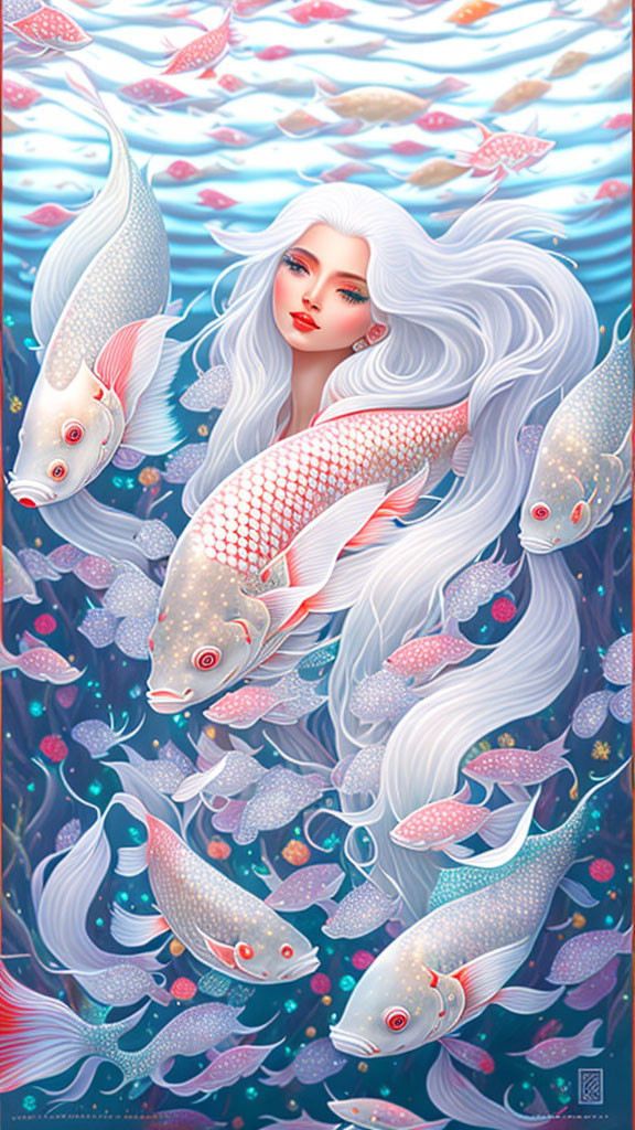 Woman with White Hair Underwater Surrounded by Colorful Koi Fish