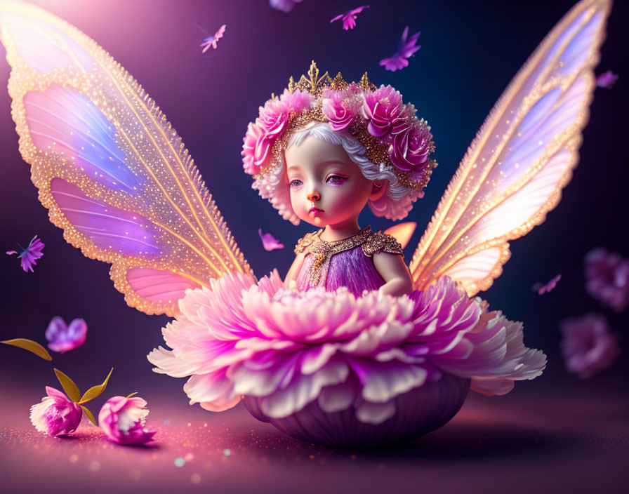 Baby fairy with glittering wings on pink flower surrounded by petals