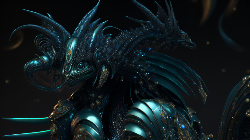 Detailed 3D Rendering of Metallic Dragon-Like Creature with Glowing Blue Accents