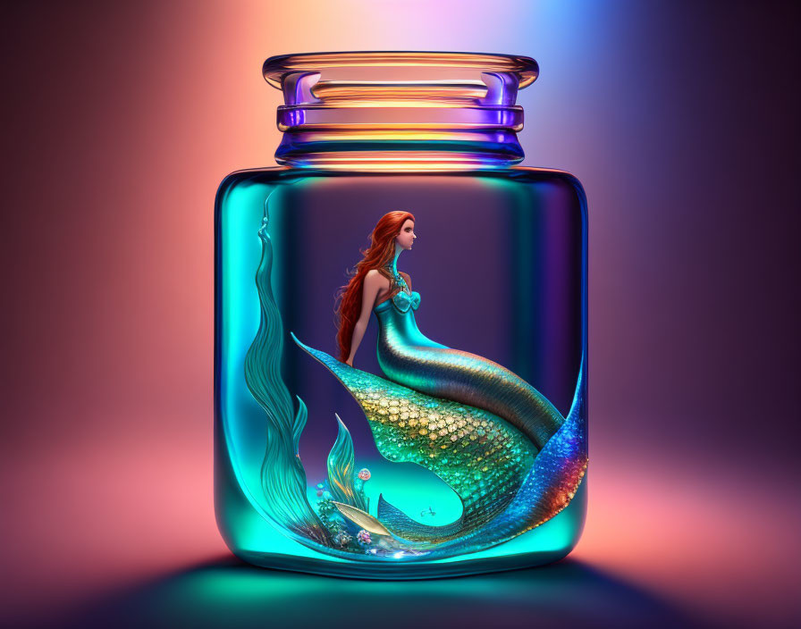 Colorful Mermaid Illustration in Glass Jar on Gradient Background