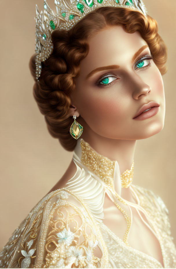 Regal woman portrait with striking green eyes and detailed crown