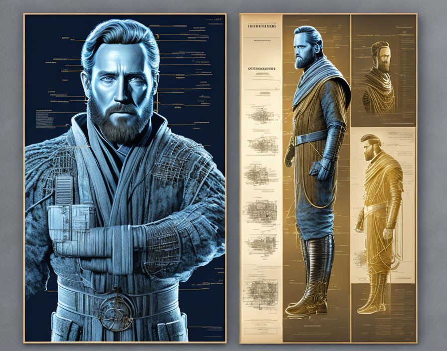 Stylized posters of bearded male in futuristic attire with blue and gold color schemes