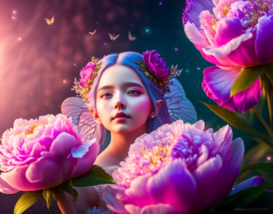 Surreal portrait of girl with butterfly wings among vibrant peonies