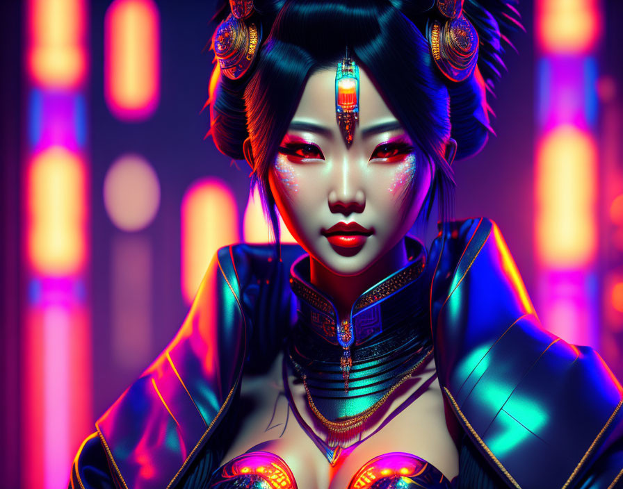 Futuristic woman with cybernetic enhancements in traditional Asian attire on neon-lit backdrop