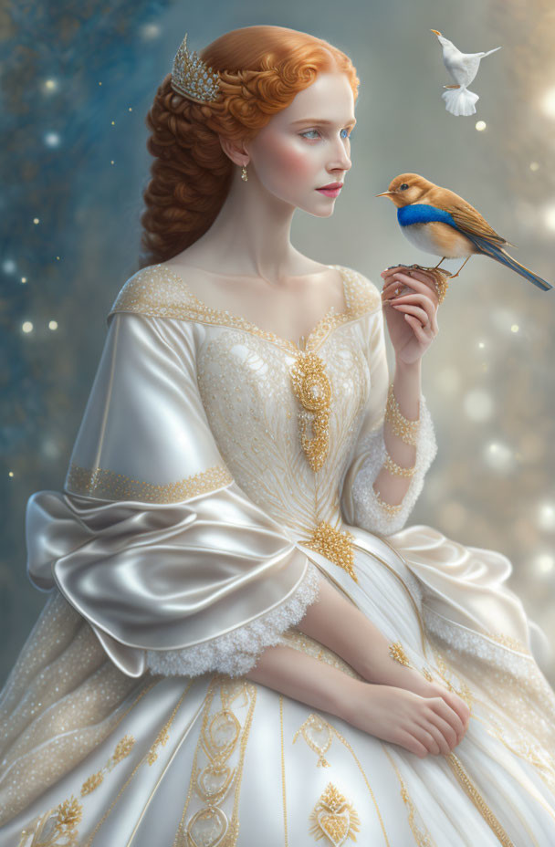 Red-haired woman in pearl gown with bluebird perched on hand