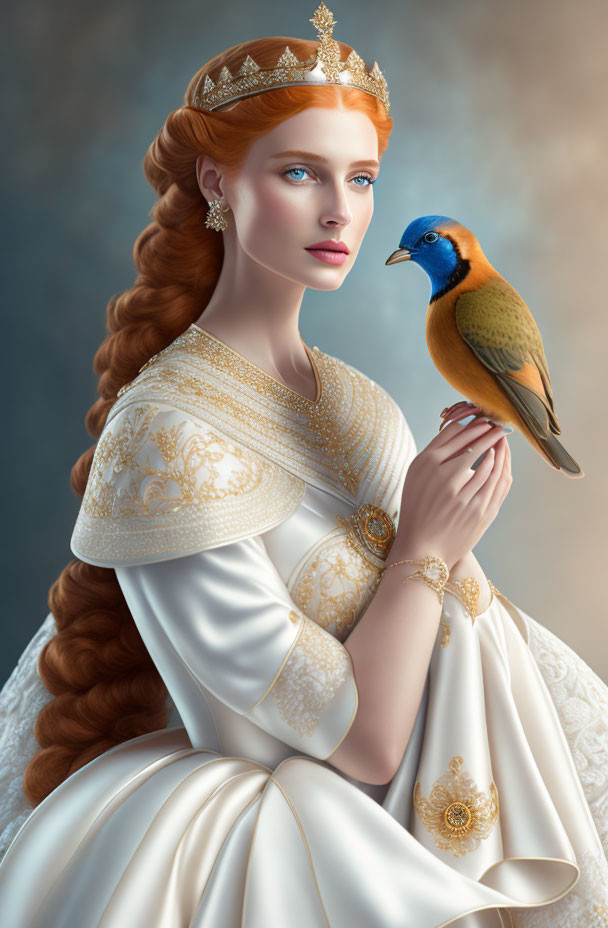 Auburn-Haired Lady in White and Gold Gown with Crown Holding Bird