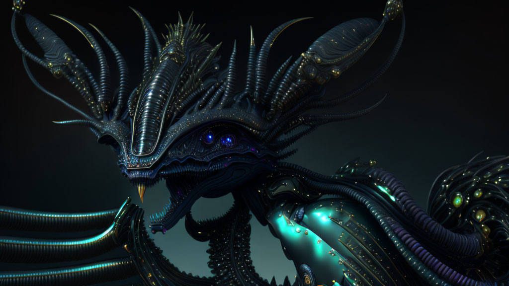 Detailed Illustration of Mythical Dragon-Like Creature with Metallic Scales and Ornate Horns