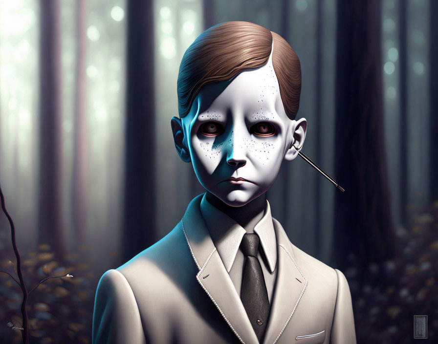 Surreal illustration: Pale-faced boy with antenna in forest