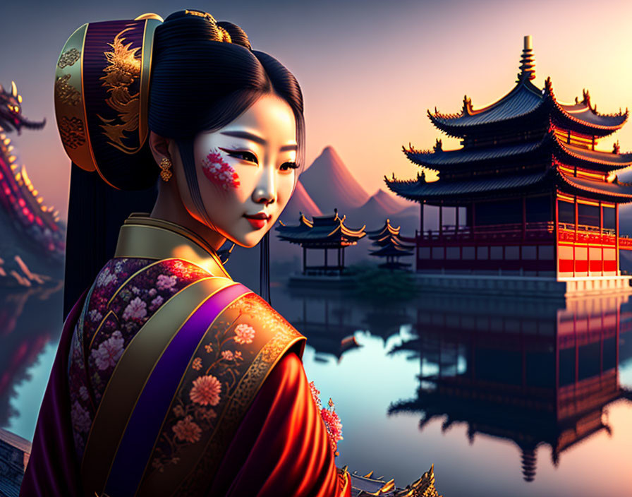 Traditional Geisha Illustration in Kimono with Pagodas and Water Reflection