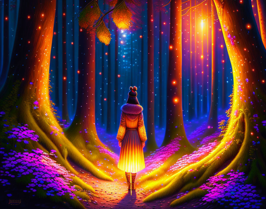 Person in vibrant orange dress and hat in magical forest setting with glowing trees and floating lights