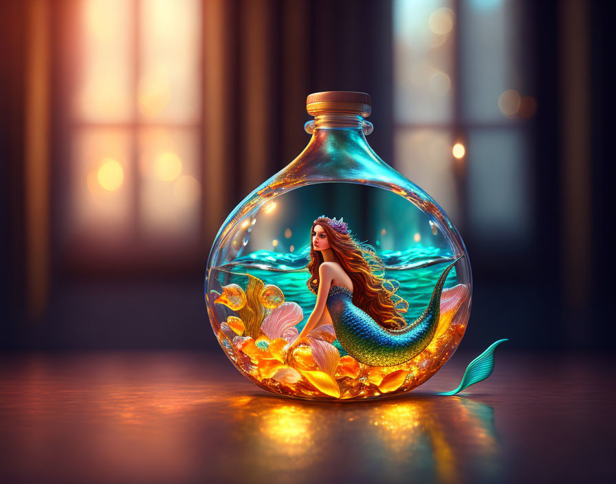 Mermaid with Flowing Hair in Fishbowl Surrounded by Gold Coins and Shells