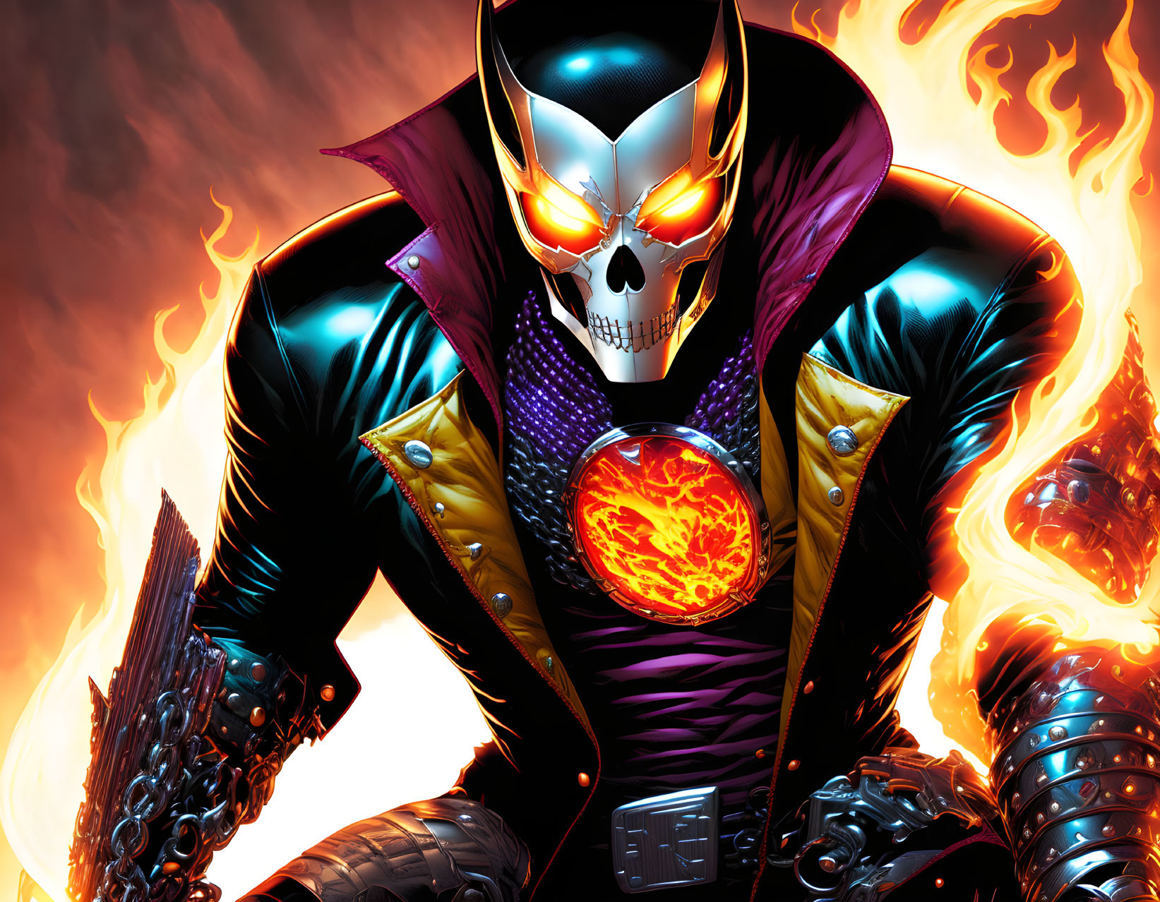 Skull-headed figure in leather jacket with flames on chest against inferno backdrop