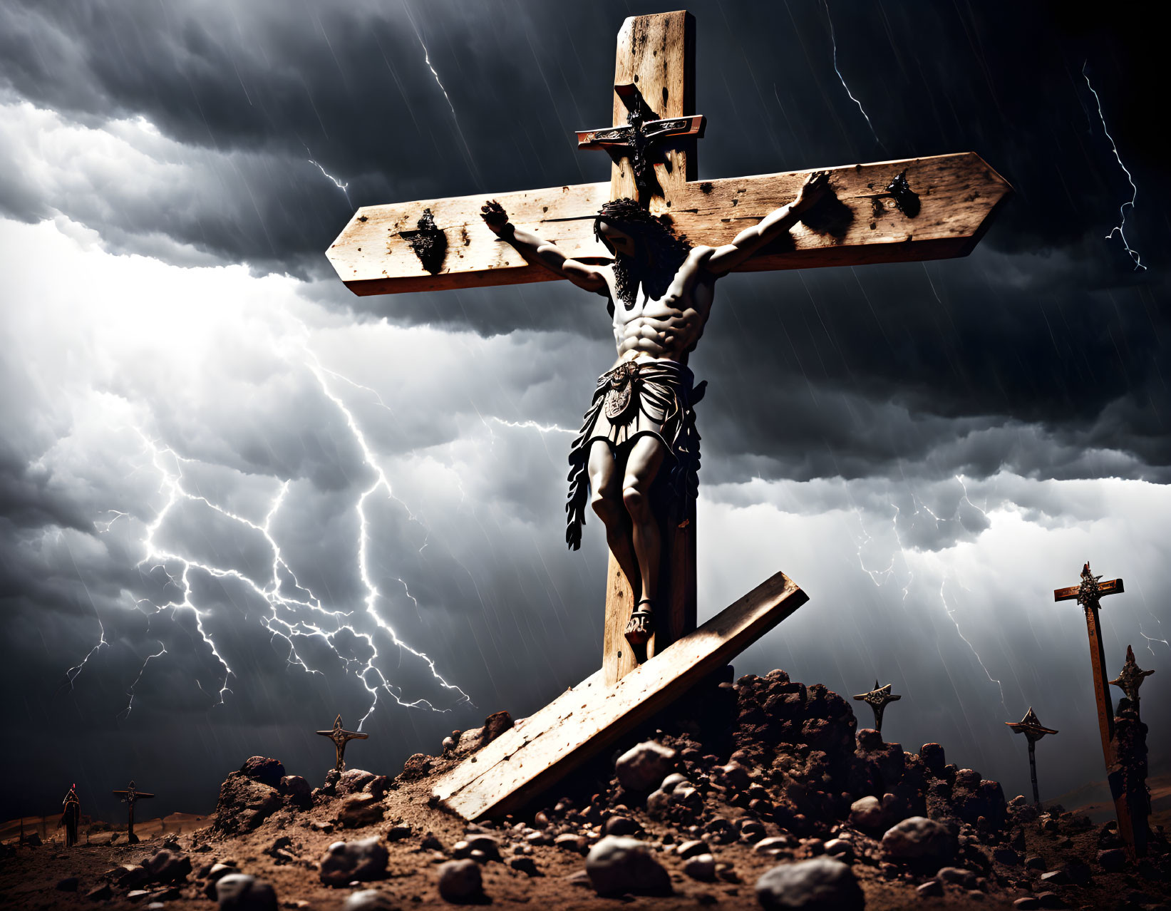 Dramatic Crucifixion Scene with Stormy Sky