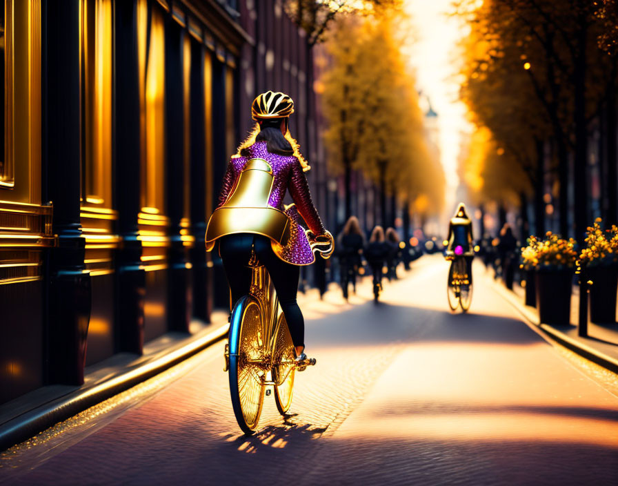 Cyclist riding on city street at sunset with elegant buildings and flowers