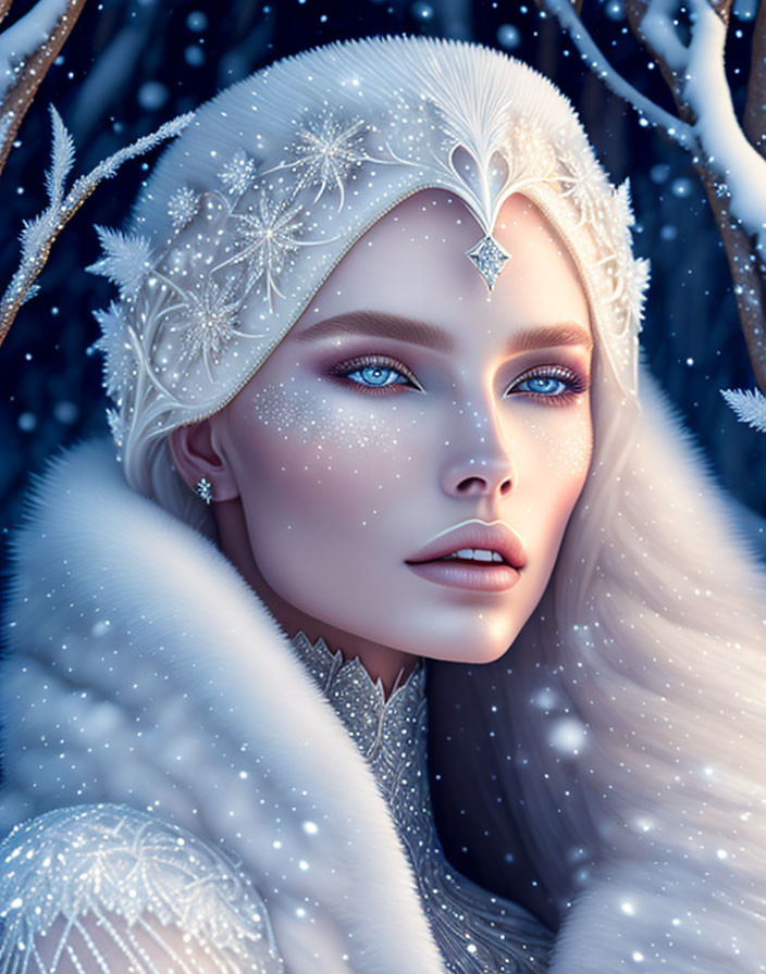 Digital Artwork: Woman with Ice-themed Crown in Snowy Setting