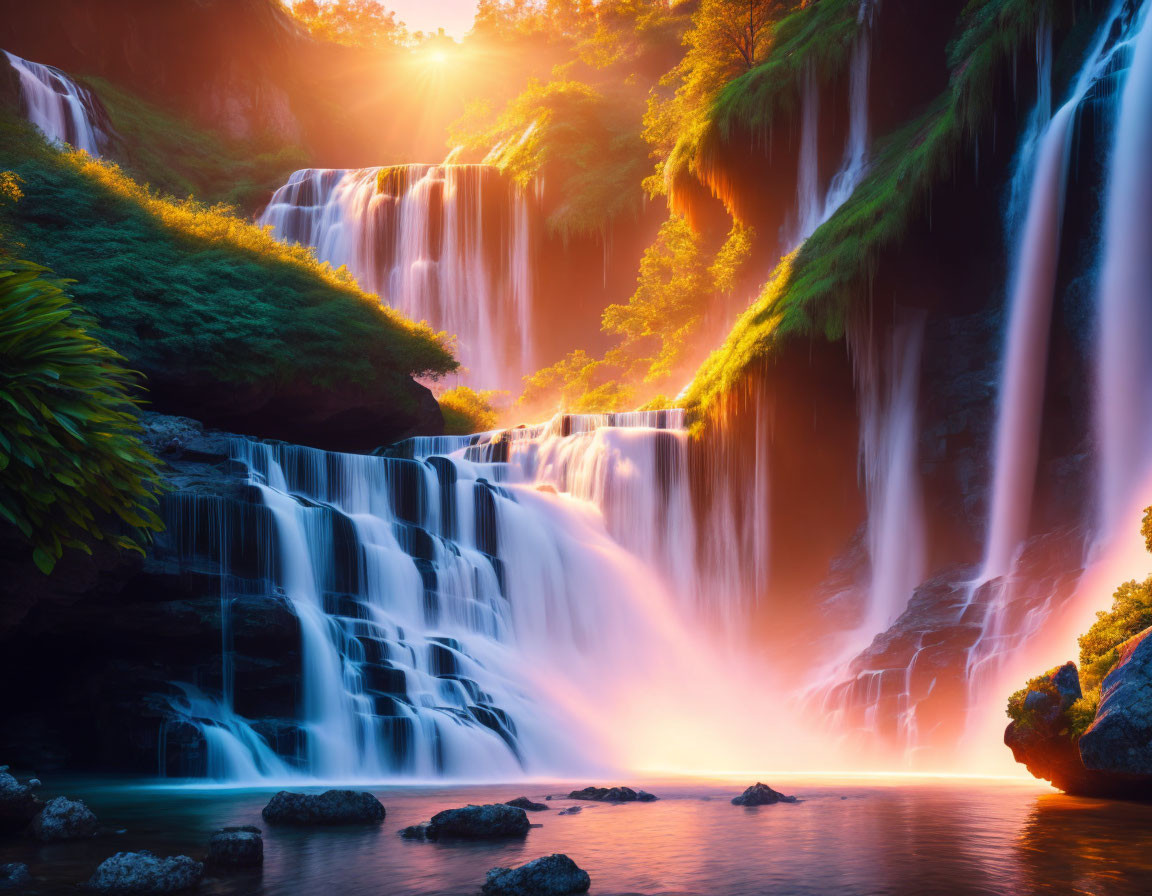 Majestic multi-tiered waterfall at sunset with lush greenery and sunrays.