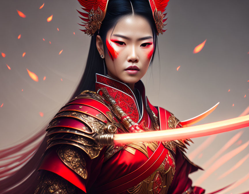 Elaborate Red Armor with Glowing Sword and Striking Makeup