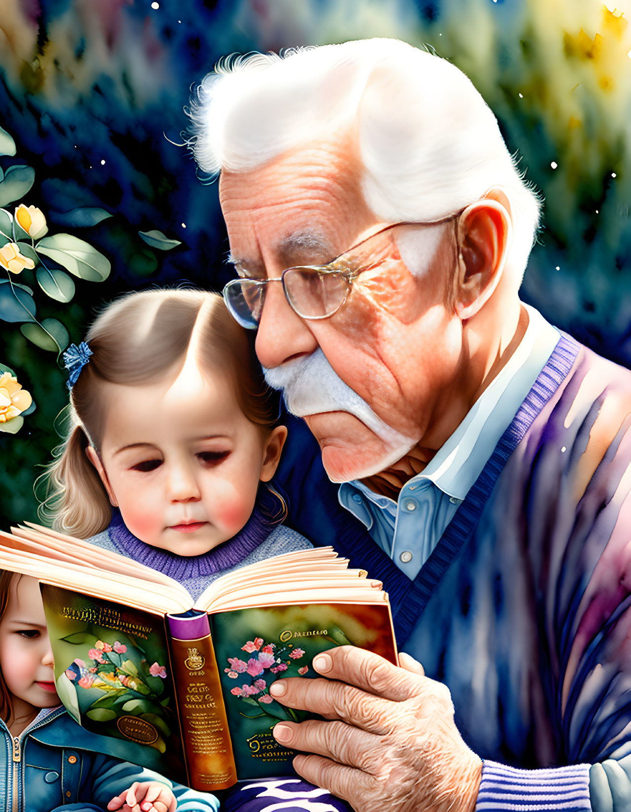 Elderly man reading book to young girl in floral setting